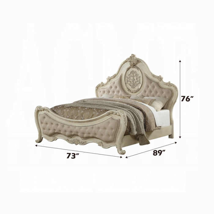 Hari Ragenardus Queen Bed Beige Linen Antique White Wood – Traditional Carved Design