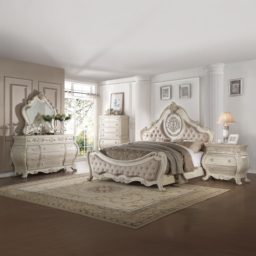 Hari Ragenardus Queen Bed Beige Linen Antique White Wood – Traditional Carved Design