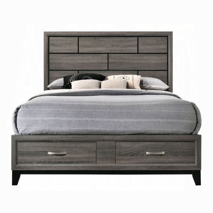 Aras Valdemar Queen Weathered Gray Wood Frame Storage Bed – Traditional Style with Fabric Headboard and Storage Compartments