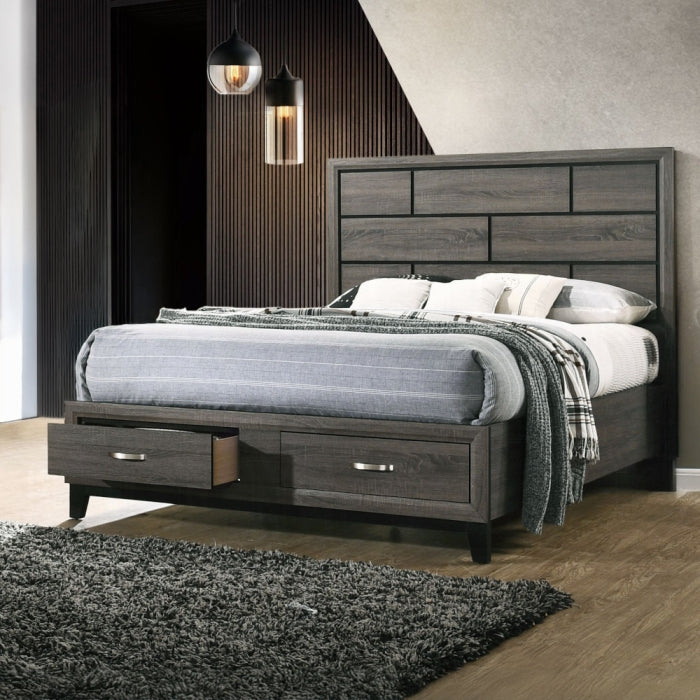 Aras Valdemar Queen Weathered Gray Wood Frame Storage Bed – Traditional Style with Fabric Headboard and Storage Compartments
