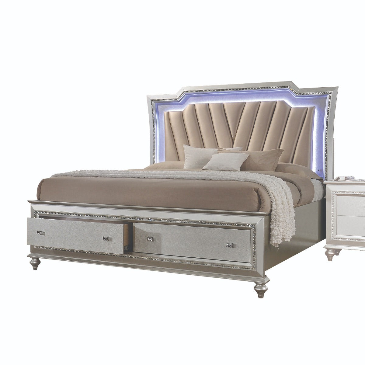 Valiant Kaitlyn California King Upholstered Bed – Champagne Faux Leather, LED Headboard, Storage Drawers