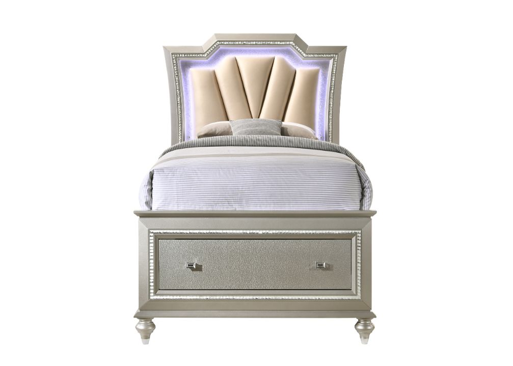 Claire Kaitlyn Full Faux Leather Storage Bed – Champagne with LED Headboard