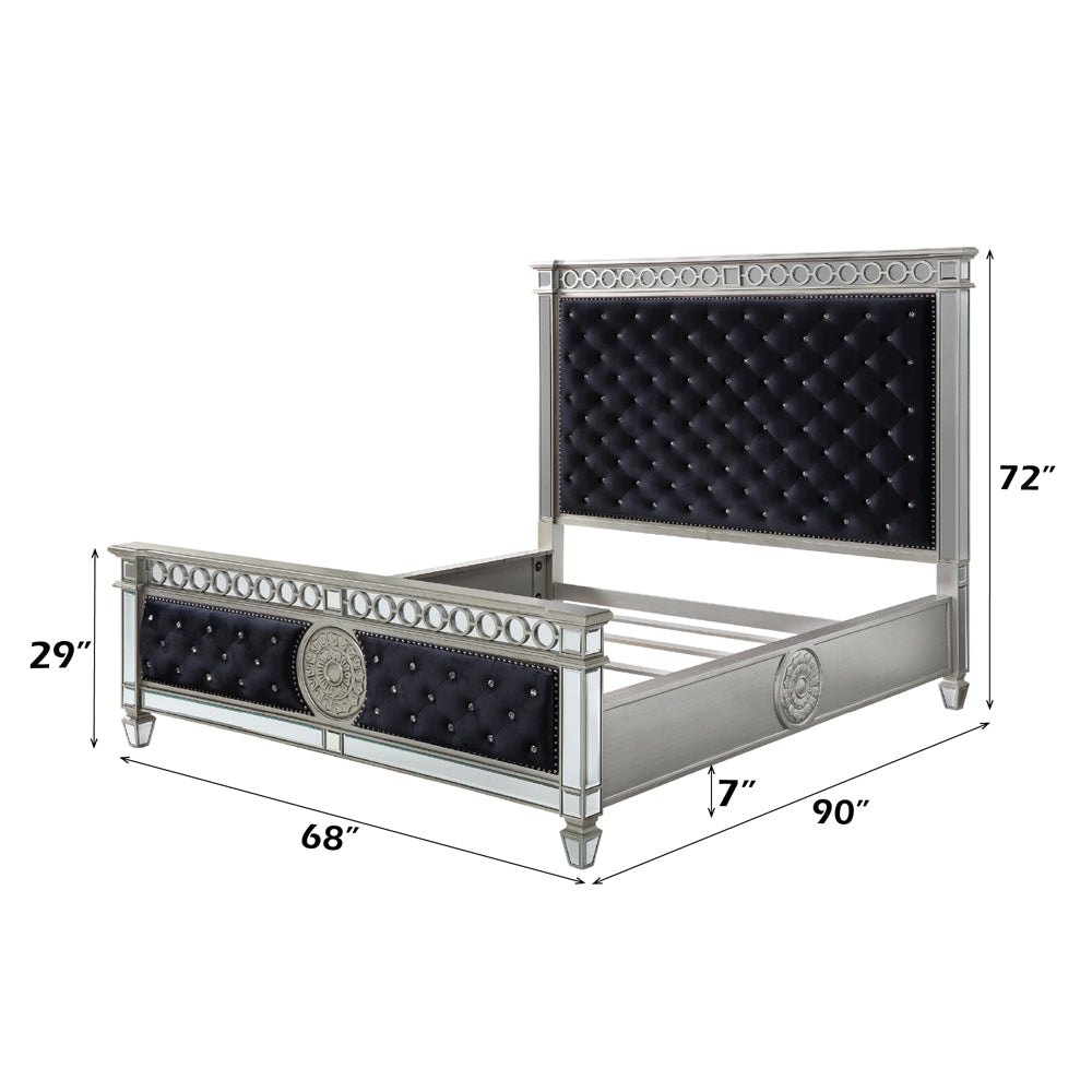 Kendra Varian Collection Queen Bed Dark Navy Velvet – Mirrored Trim Design