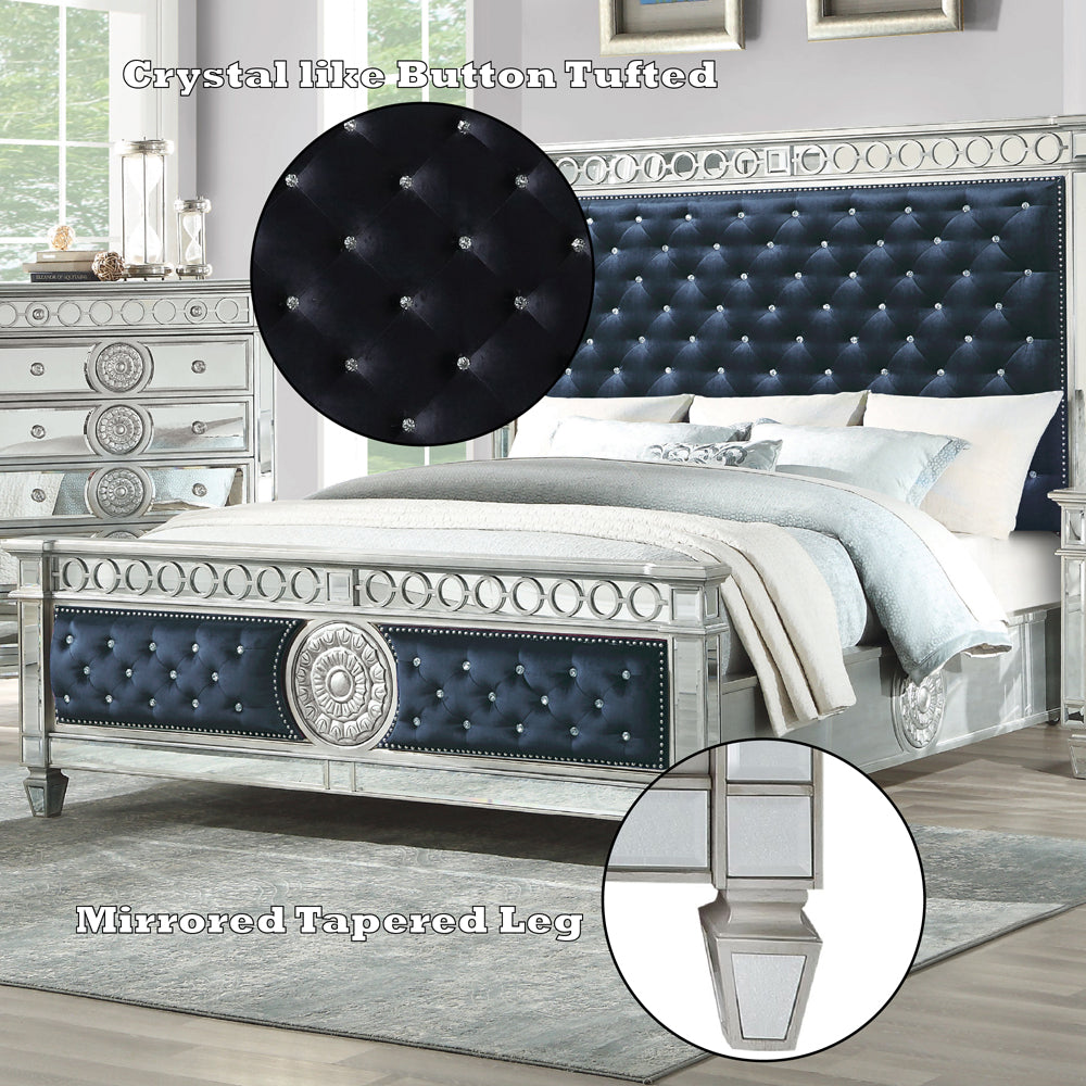 Kendra Varian Collection Queen Bed Dark Navy Velvet – Mirrored Trim Design