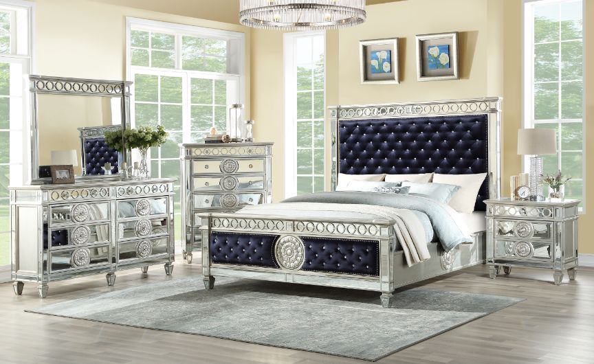 Kendra Varian Collection Queen Bed Dark Navy Velvet – Mirrored Trim Design
