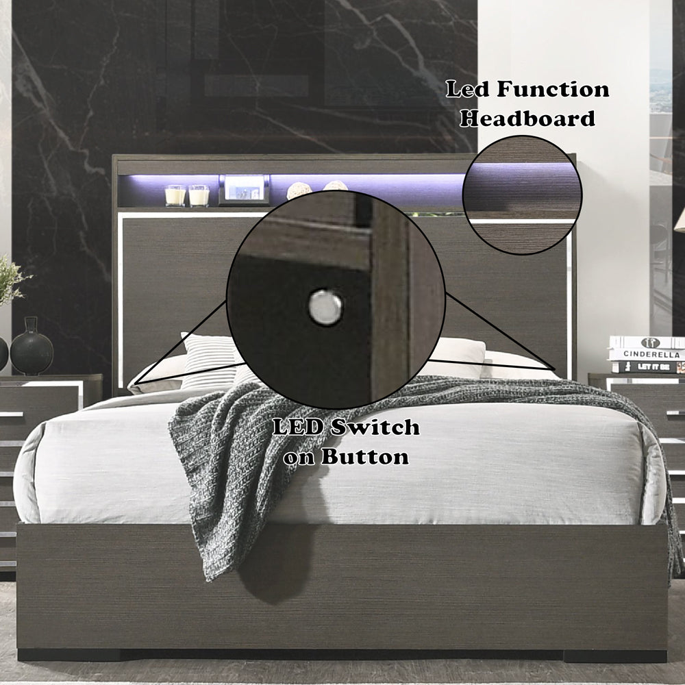 Vino Escher Eastern King Gray Oak Wood Bed – Contemporary Panel Design with LED Headboard