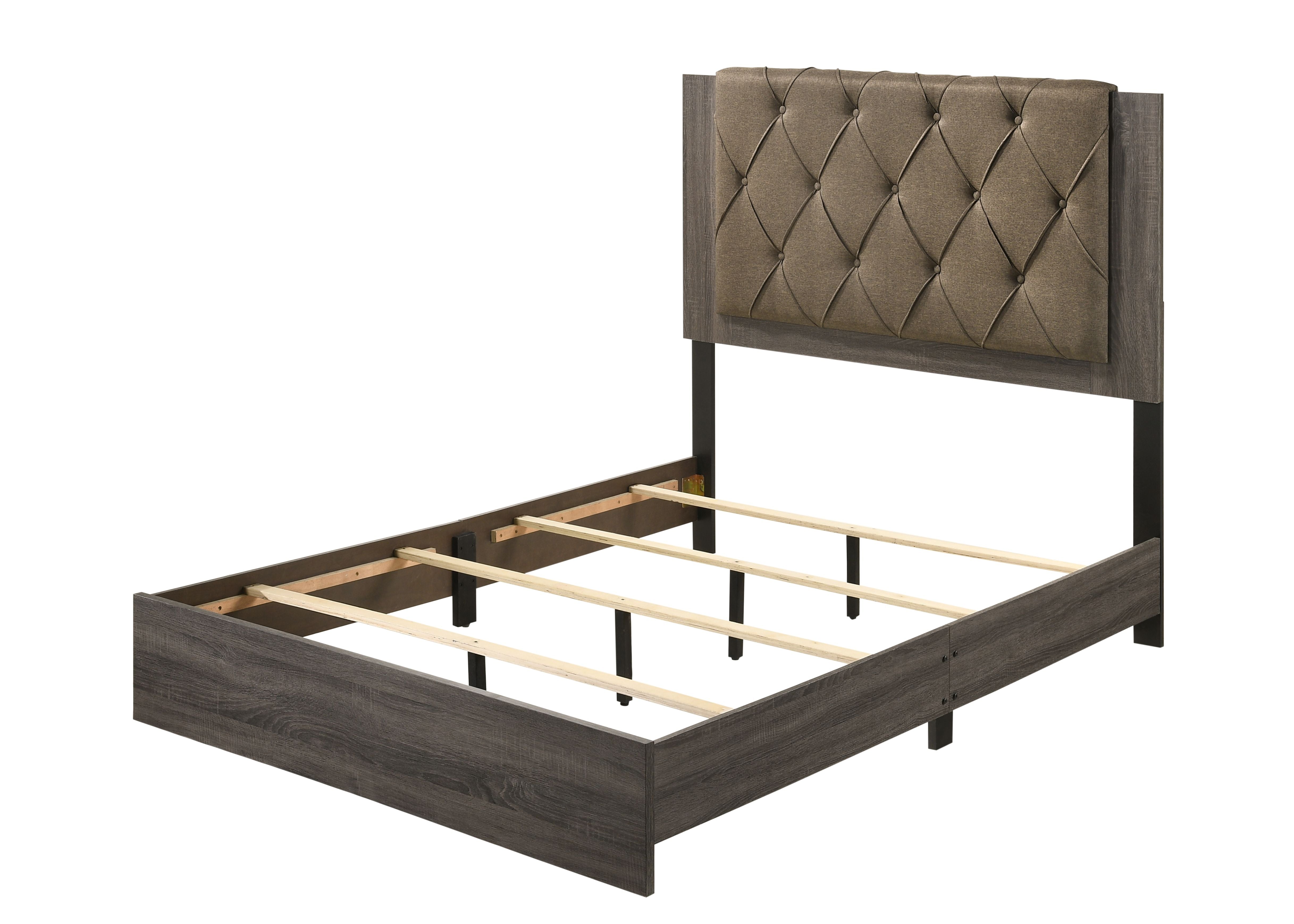 Sally Eastern King Rustic Gray Oak Fabric Platform Bed – Transitional Button Tufted Headboard