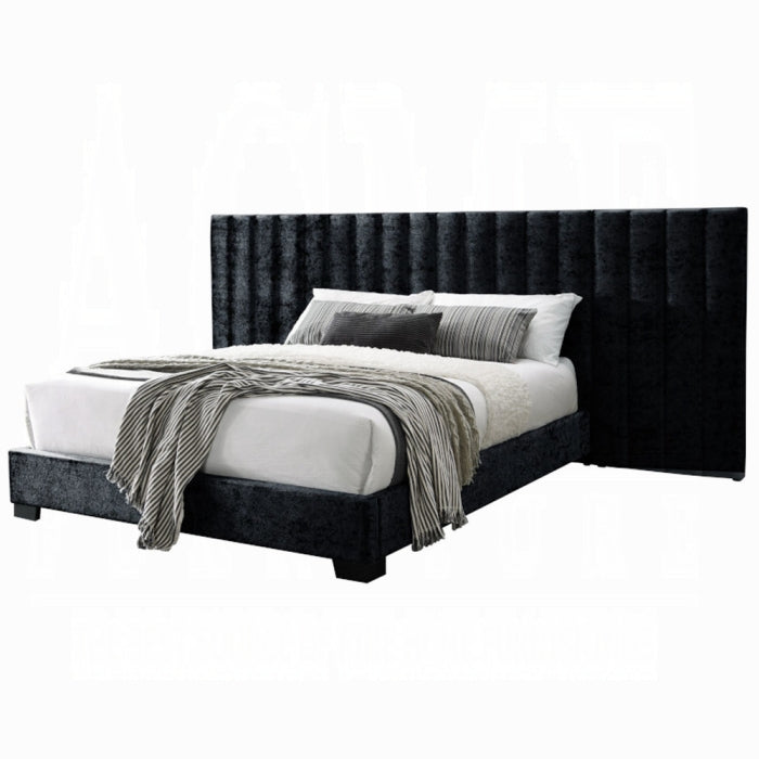 Rivian Rivas Queen Black Crushed Fabric Panel Bed – Contemporary Bedroom Furniture with Button Tufting
