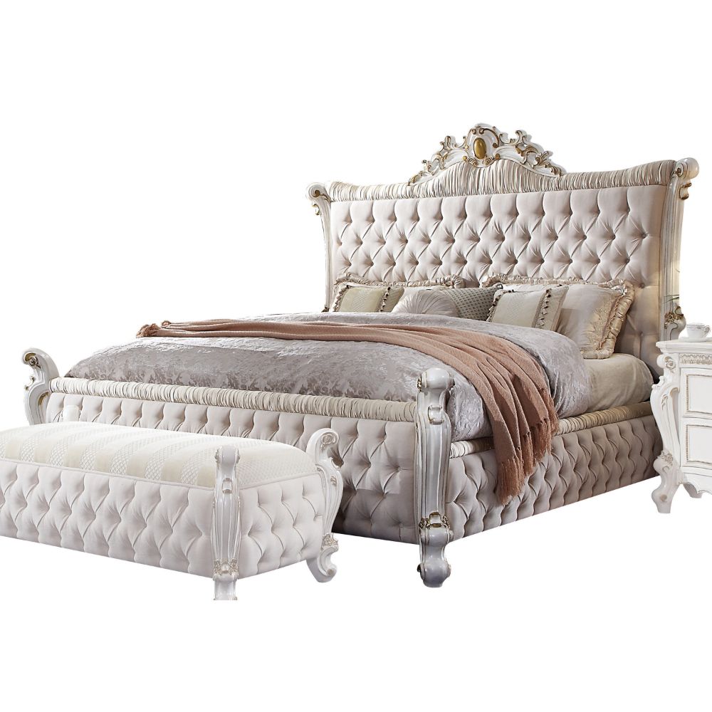 Nomad Picardy Eastern King Antique Pearl Fabric Upholstered Bed – Traditional European Tufted Design