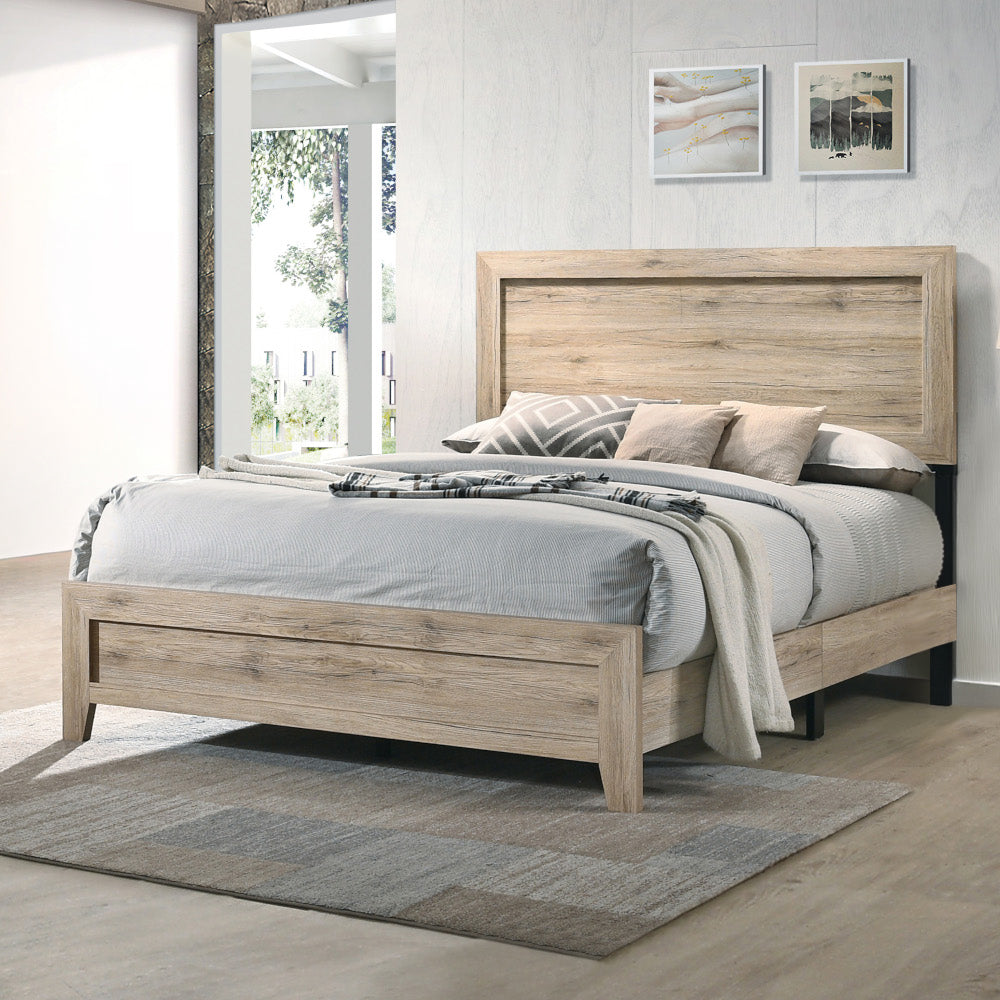 Whisk Miquell King Size Natural Wood Bed – Farmhouse Design with Slatted Headboard