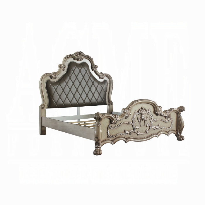Amara Dresden Collection California King White Bed – Ornate Carved Wood & Upholstered Headboard