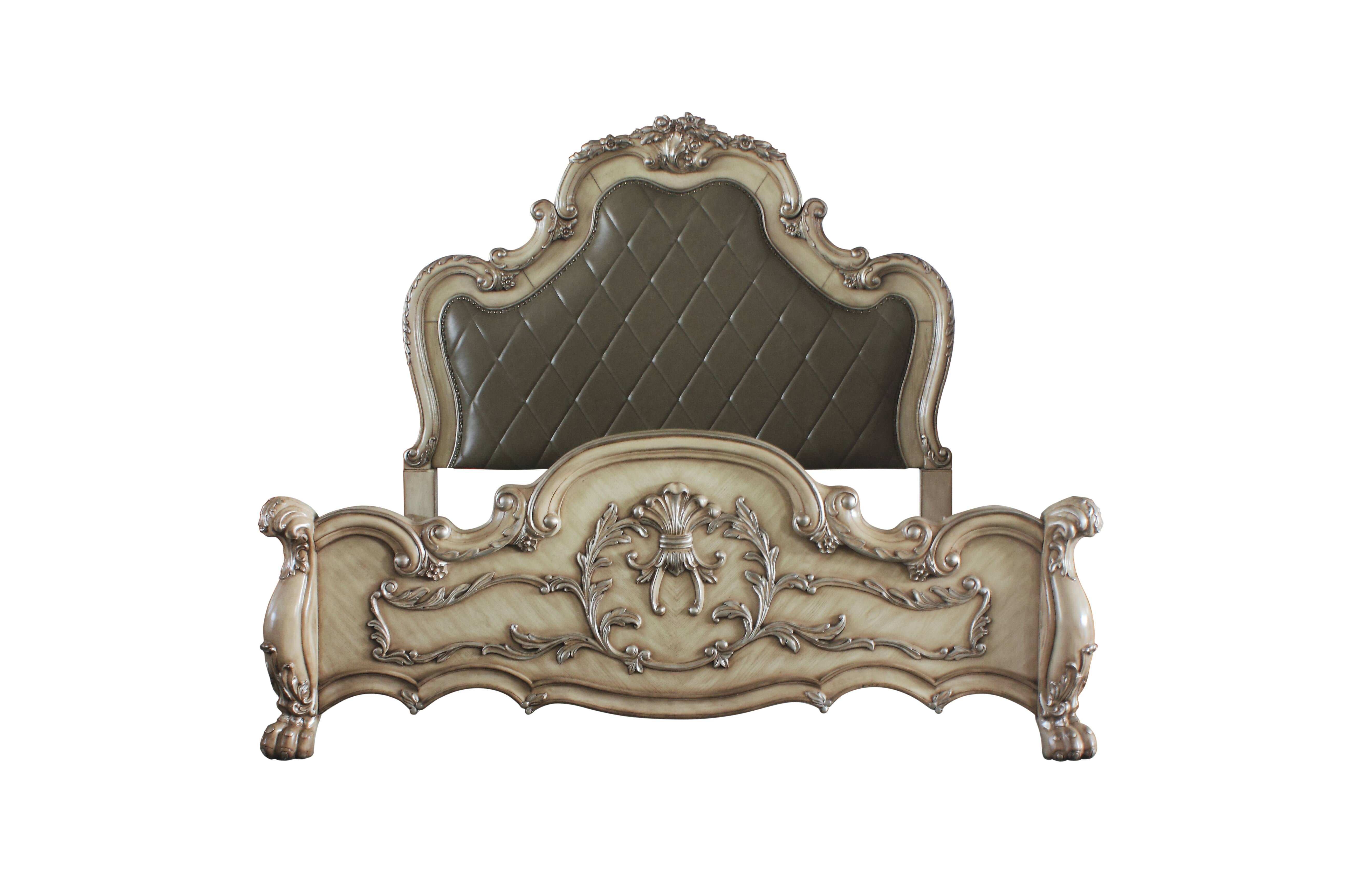Amara Dresden Collection California King White Bed – Ornate Carved Wood & Upholstered Headboard