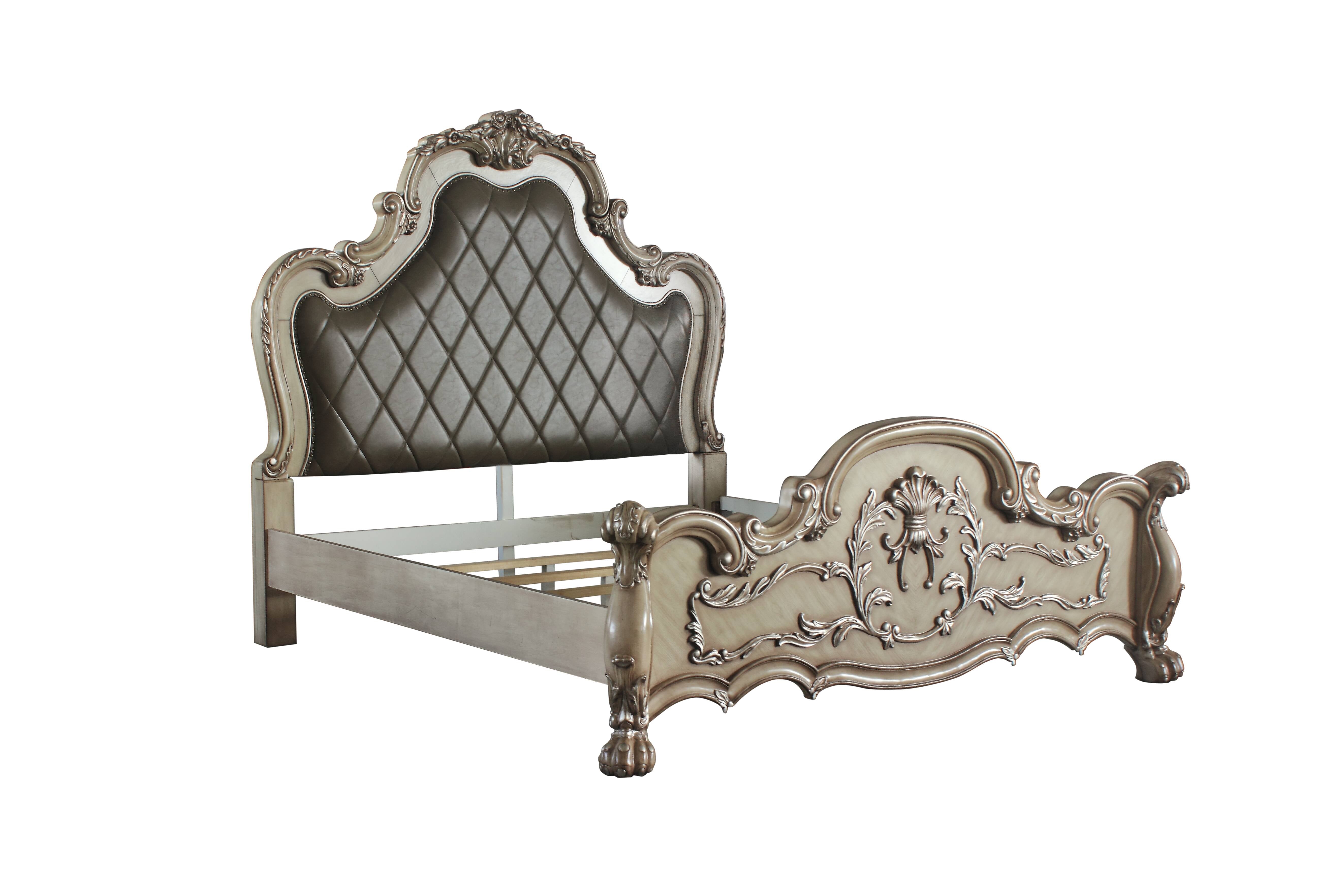 Amara Dresden Collection California King White Bed – Ornate Carved Wood & Upholstered Headboard