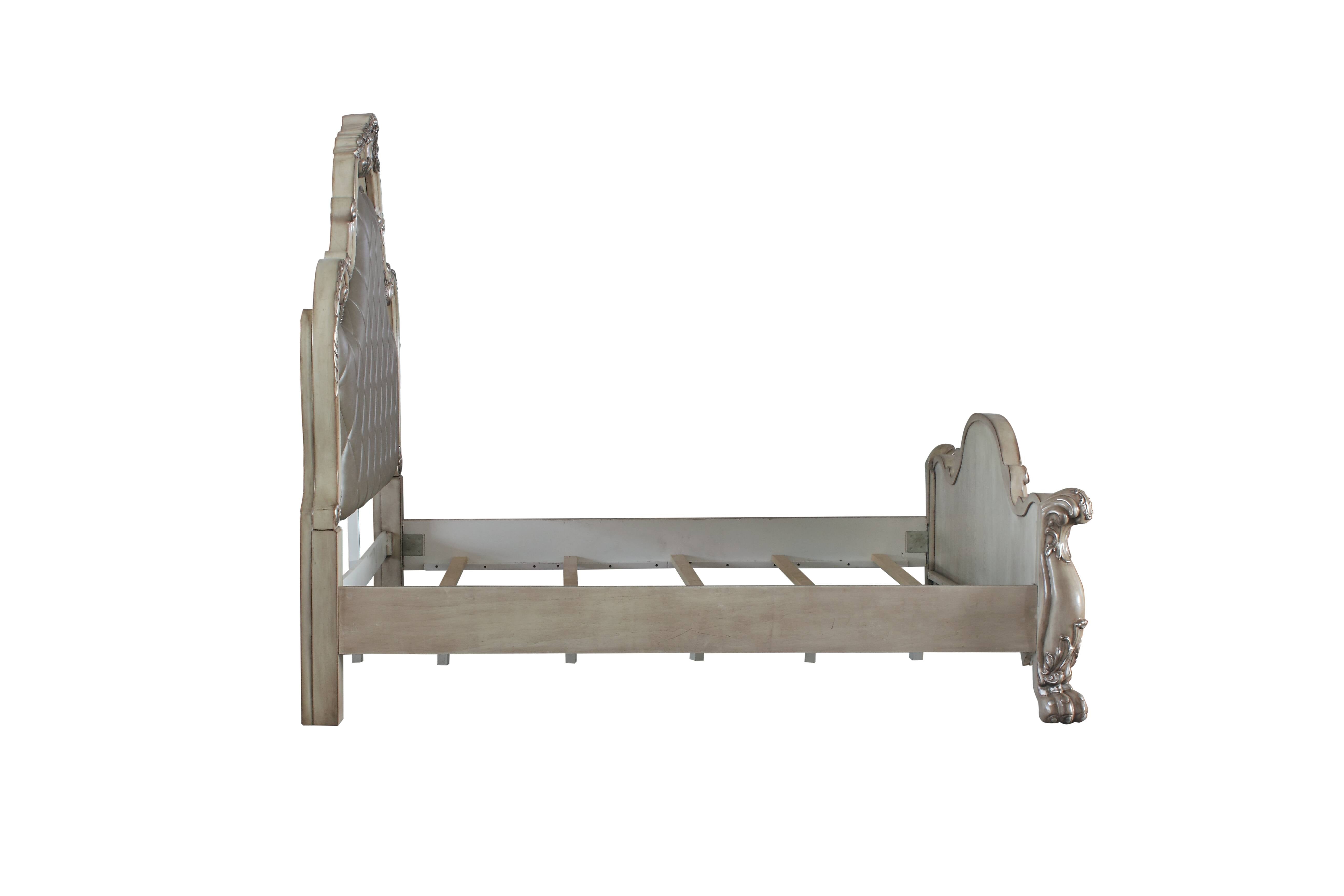 Amara Dresden Collection California King White Bed – Ornate Carved Wood & Upholstered Headboard