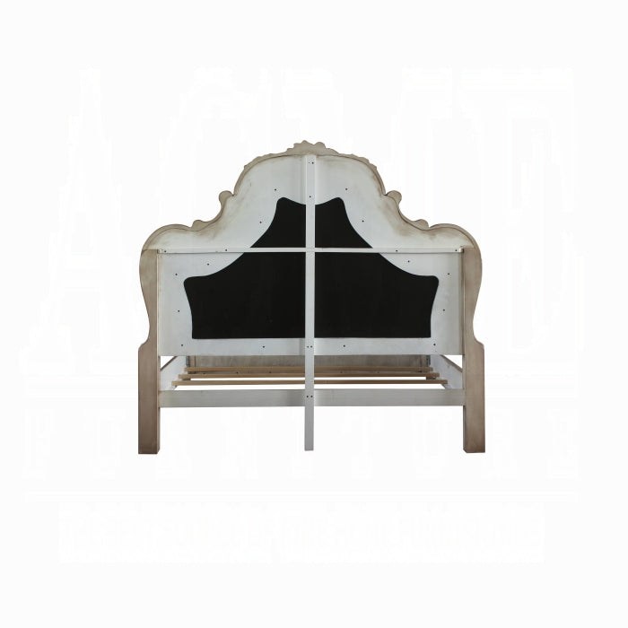 Amara Dresden Collection California King White Bed – Ornate Carved Wood & Upholstered Headboard