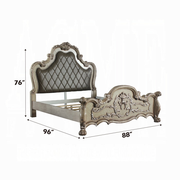 Amara Dresden Collection California King White Bed – Ornate Carved Wood & Upholstered Headboard