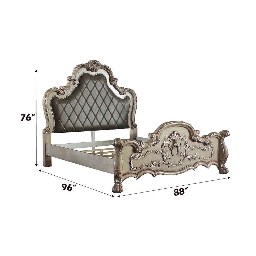Amara Dresden Collection California King White Bed – Ornate Carved Wood & Upholstered Headboard