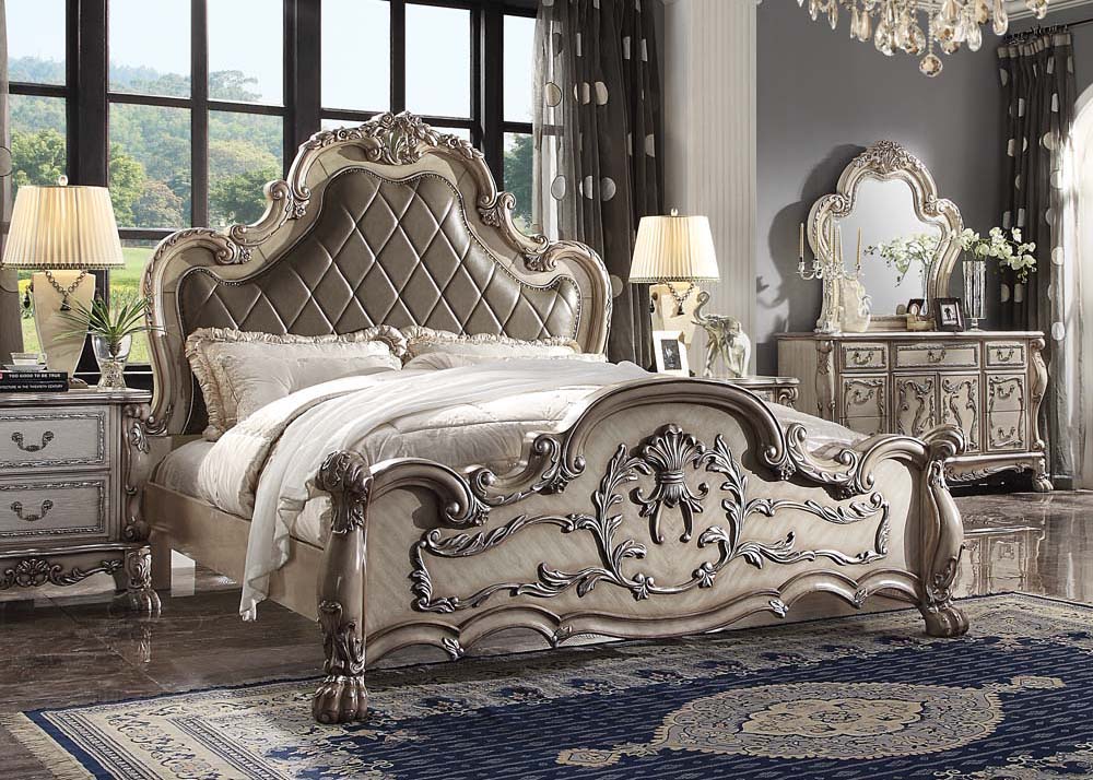 Ornate Dresden Eastern King White Wood Bed – Traditional Baroque Design with Oversized Headboard