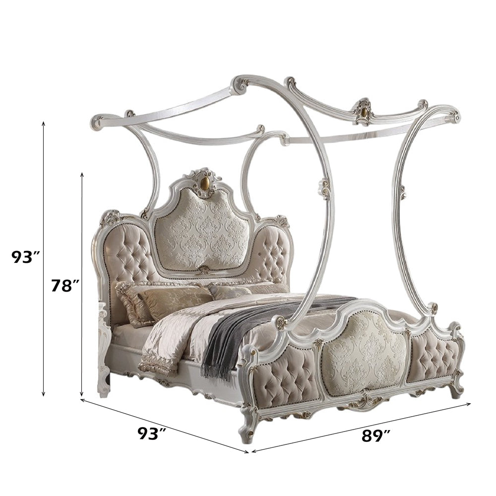 European Picardy California King Fabric Bed Antique Pearl Finish – Vintage Traditional Upholstered Headboard Footboard