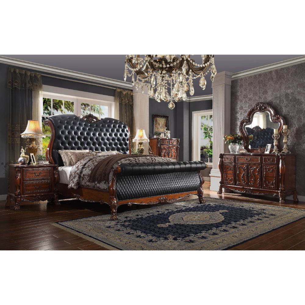 Landon Dresden Collection Queen Bed Brown – Ornate Carved Wood & Faux Leather Headboard