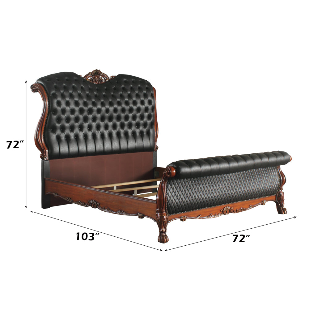 Landon Dresden Collection Queen Bed Brown – Ornate Carved Wood & Faux Leather Headboard
