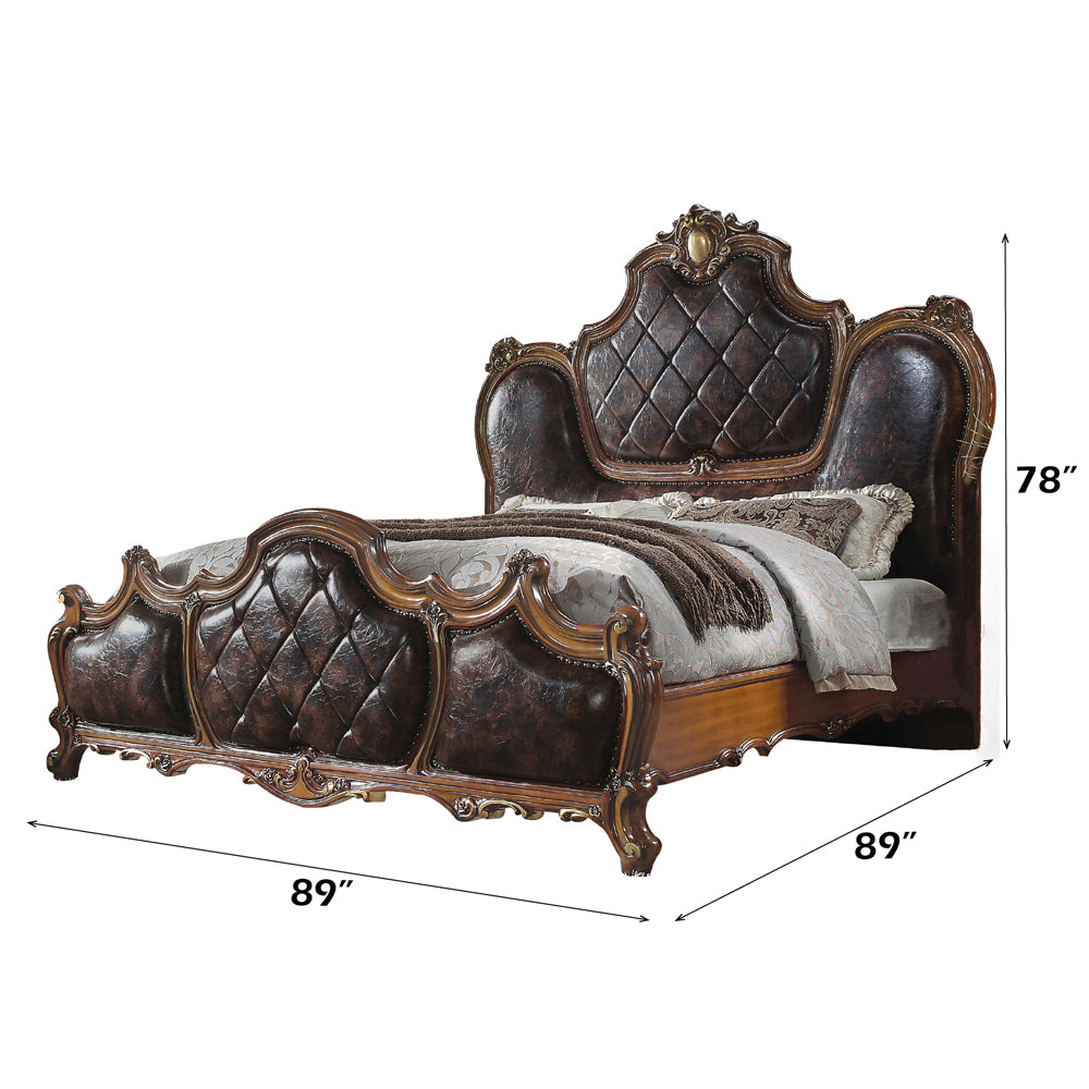 Della Picardy Eastern King Honey Oak Synthetic Leather Bed – Antique Style Tufted Headboard & Footboard