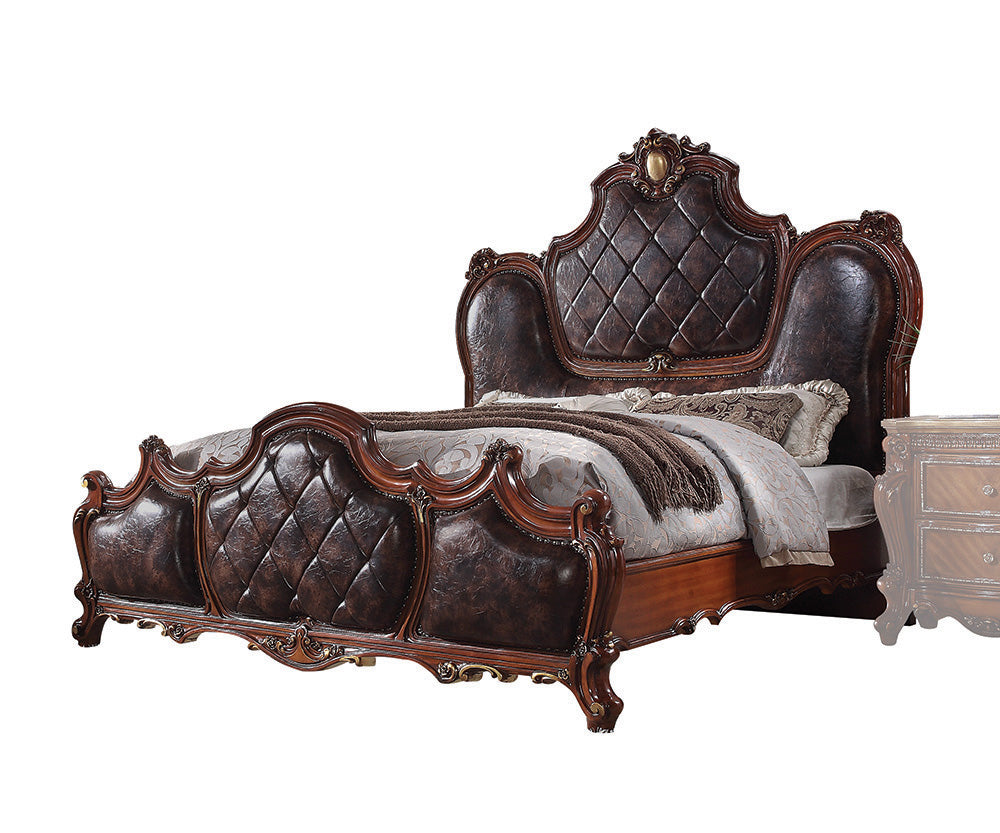 Della Picardy Eastern King Honey Oak Synthetic Leather Bed – Antique Style Tufted Headboard & Footboard