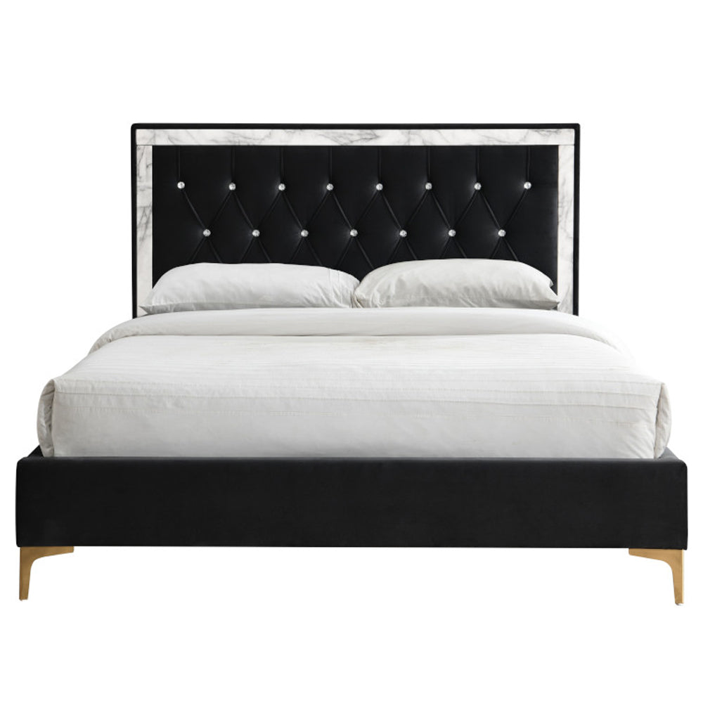 Calla Rowan Eastern King Black Fabric Panel Bed Modern Upholstered Crystal Tufted Headboard Metal Legs