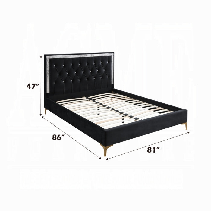 Calla Rowan Eastern King Black Fabric Panel Bed Modern Upholstered Crystal Tufted Headboard Metal Legs