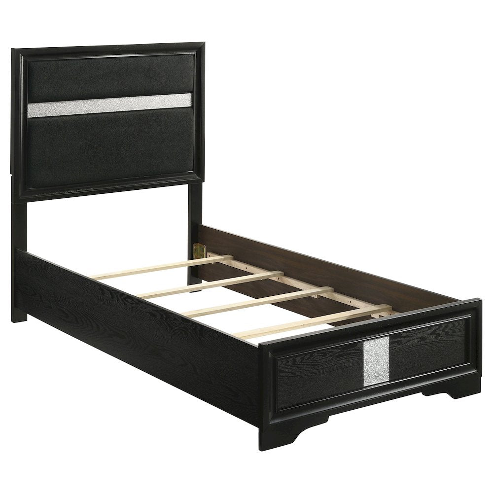 Kasol Miranda Twin Black Upholstered Panel Bed – Foam Cushioned Headboard with Sparkle Trim