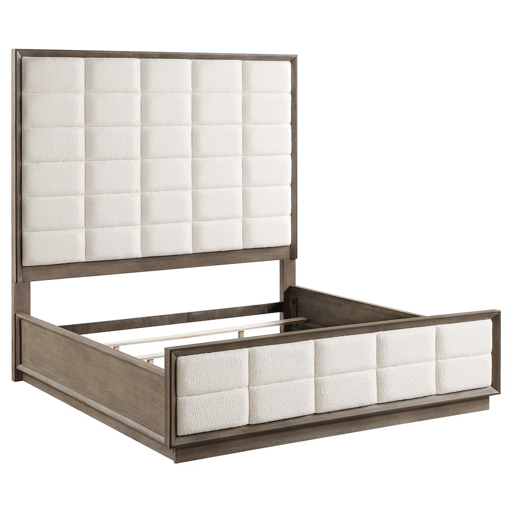 Marit Durango Eastern King Washed Oak Wood Panel Bed – Modern Grid Tufted Upholstered Headboard