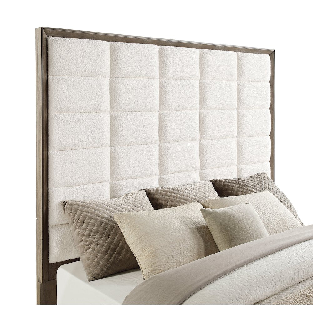 Mariana Durango Queen Washed Oak Wood Panel Bed – Grid Tufted Headboard 600lb Capacity
