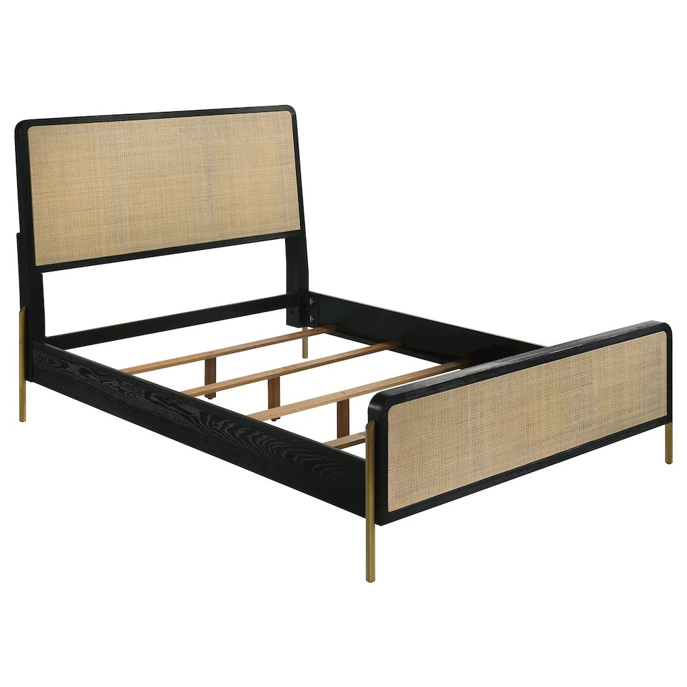 Lepine Arini Eastern King Black & Natural Rattan Panel Bed – Boho Style Coastal Design