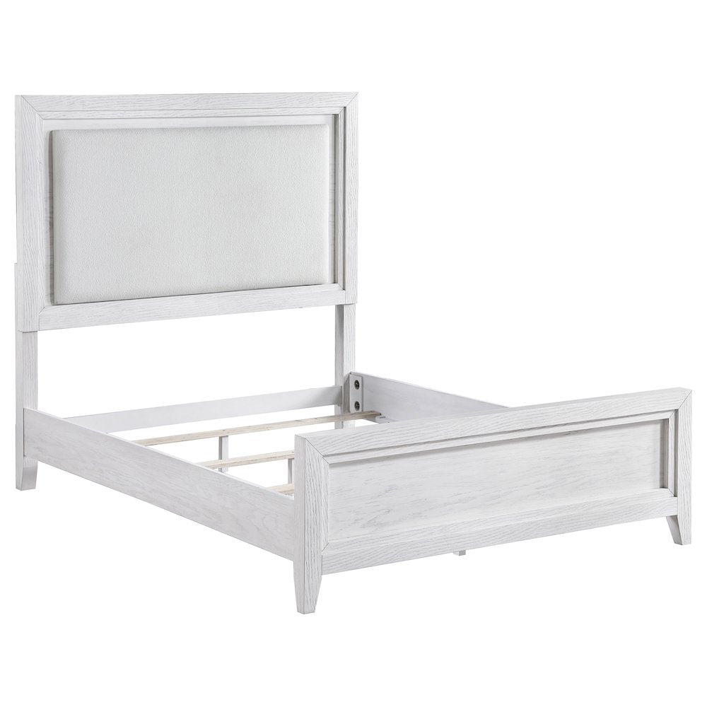 Naoki Marielle Queen Upholstered Wood Panel Bed Distressed White – LED Lighting Contemporary Bedroom Furniture