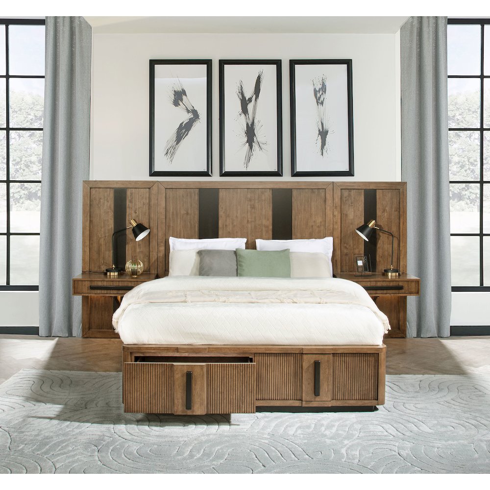 Tom Terrace Queen Ash Brown Wood Wall Panel Storage Bed – Modern 3-Piece Set with Nightstands