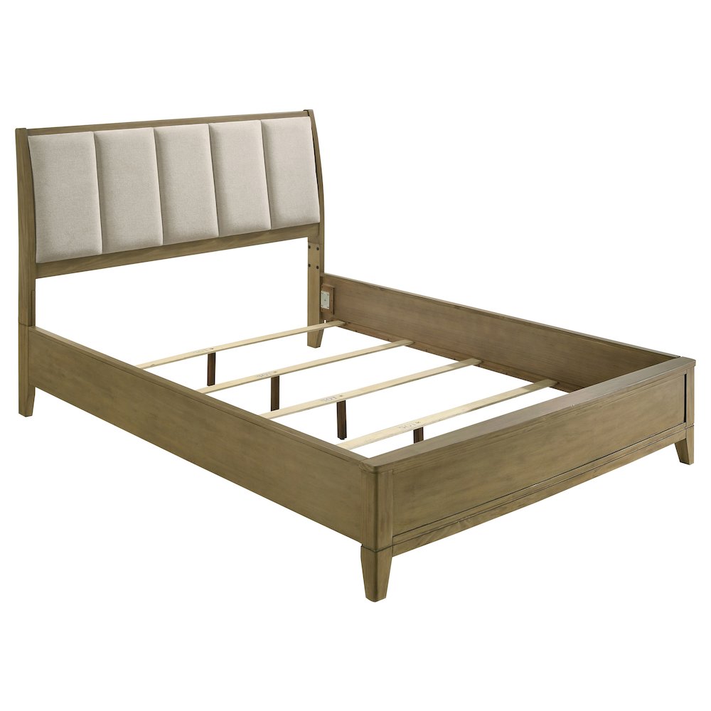 Alard Granada Queen Upholstered Panel Bed Natural Pine – Beige Fabric Channeled Headboard