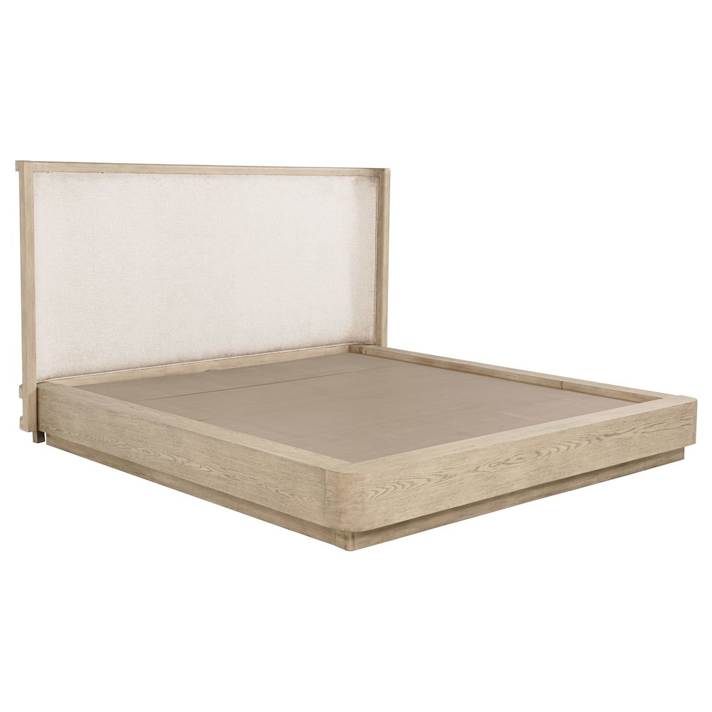 Caronia Kailani California King Beige Oak Wood Platform Bed – Modern Wingback with Fabric Headboard