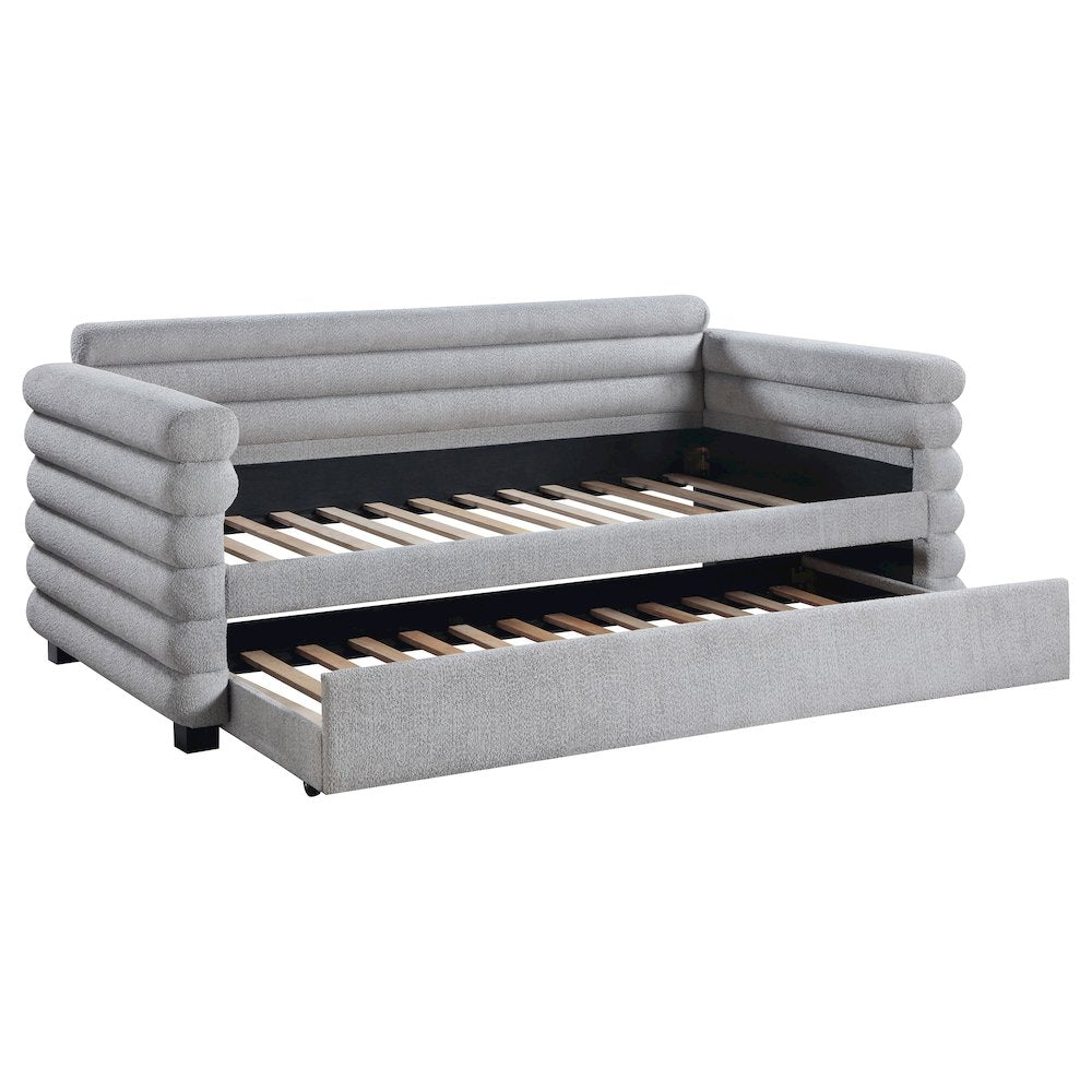 Opalescen Patricia Twin Grey Boucle Upholstered Daybed with Trundle Modern Bolster Style Guest Bed