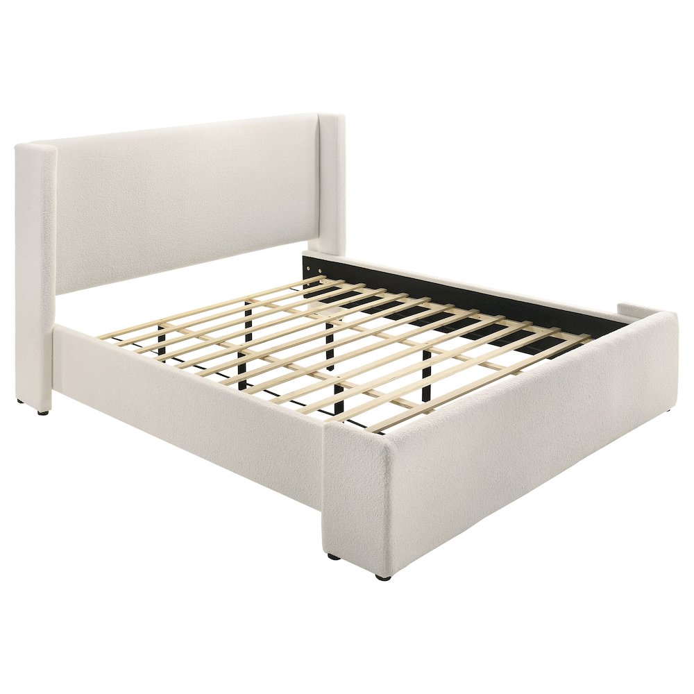 Jully Alamosa Eastern King White Boucle Upholstered Platform Bed Modern Wingback with Low Footboard
