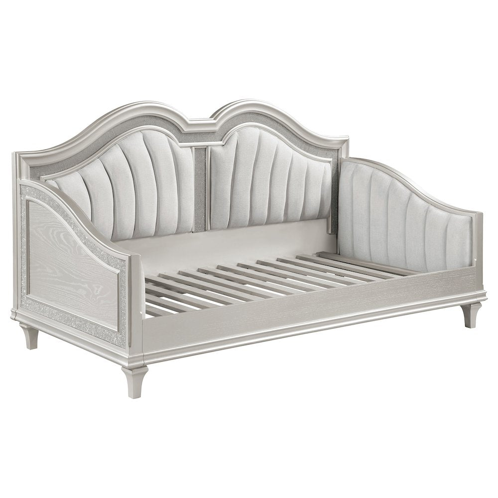 Bartow Evangeline Twin Silver Ivory Upholstered Daybed Curved Style with Faux Diamond Trim