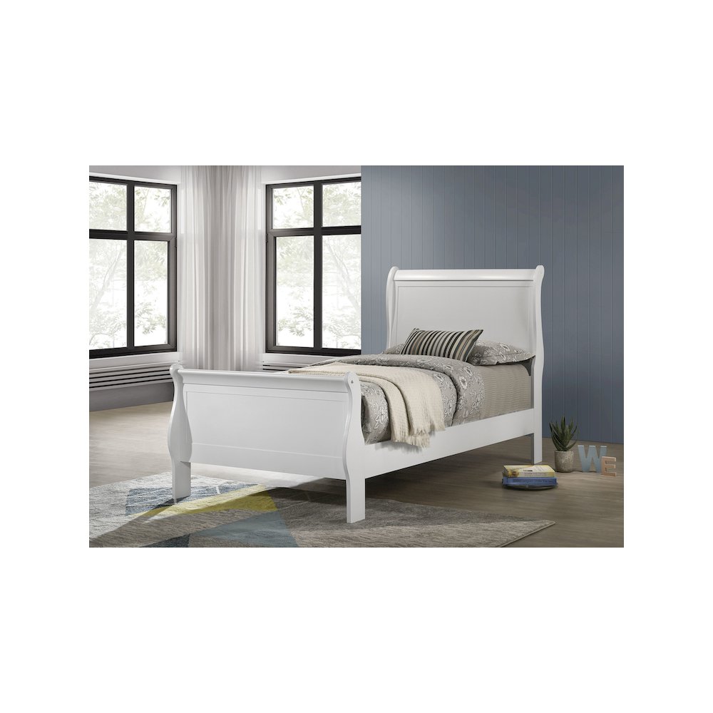 Virat Louis Philippe Twin Sleigh Bed – White Wood Panel Frame Classic Design