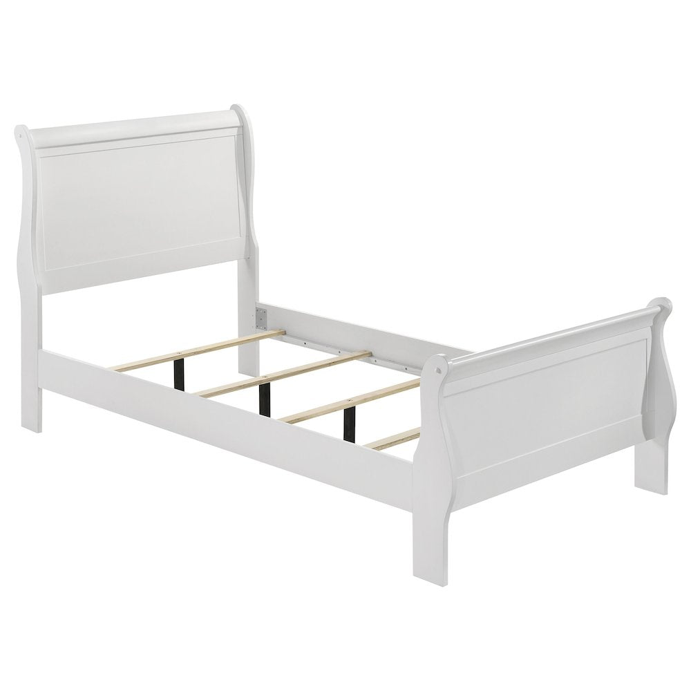 Virat Louis Philippe Twin Sleigh Bed – White Wood Panel Frame Classic Design