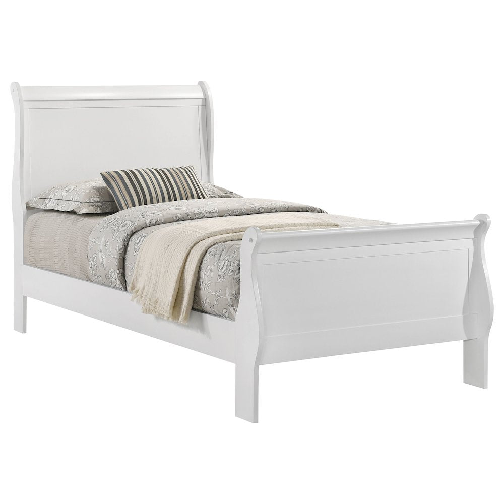 Virat Louis Philippe Twin Sleigh Bed – White Wood Panel Frame Classic Design