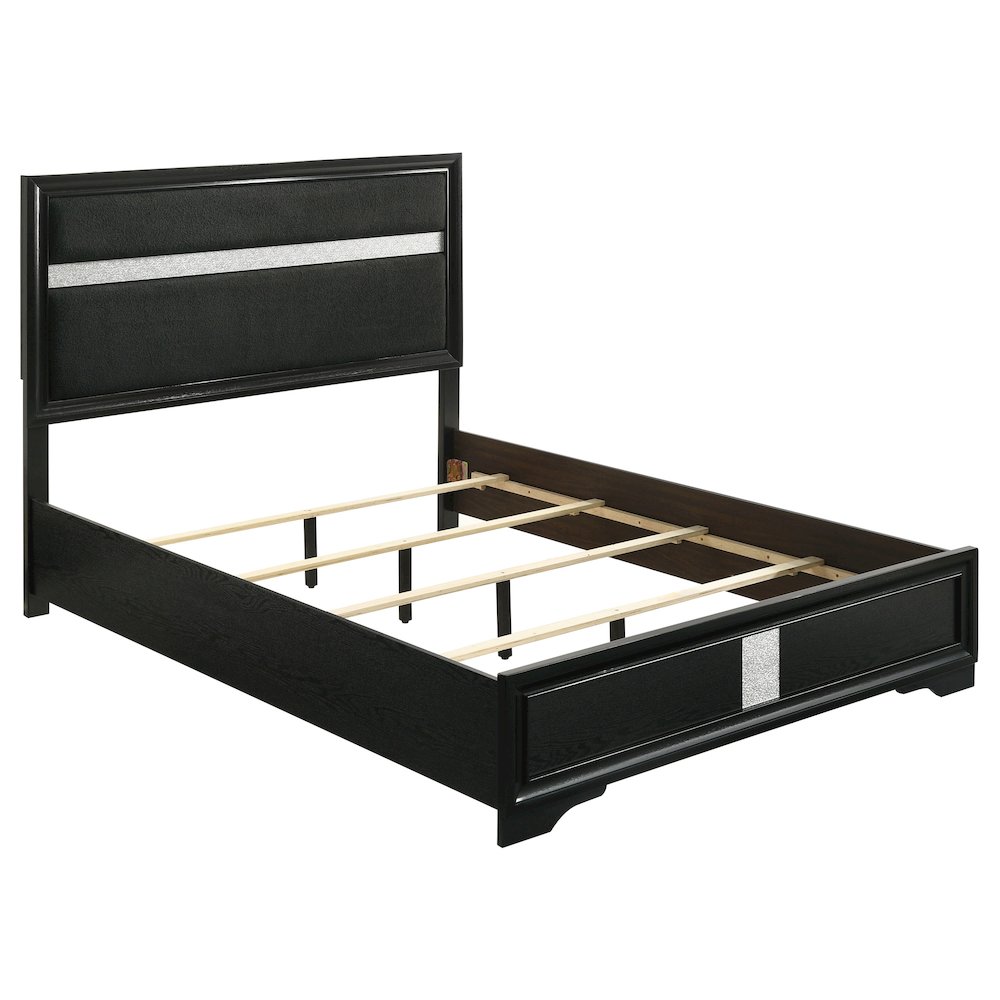 Bajaj Miranda Eastern King Black Upholstered Panel Bed Frame – Sophisticated Diamond-Like Trim Design