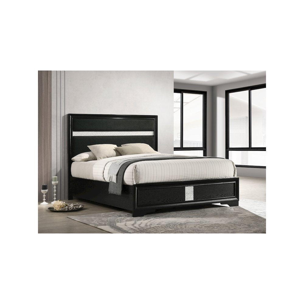 Jona Miranda California King Black Upholstered Panel Bed – Modern Tuxedo Style with Sparkling Trim