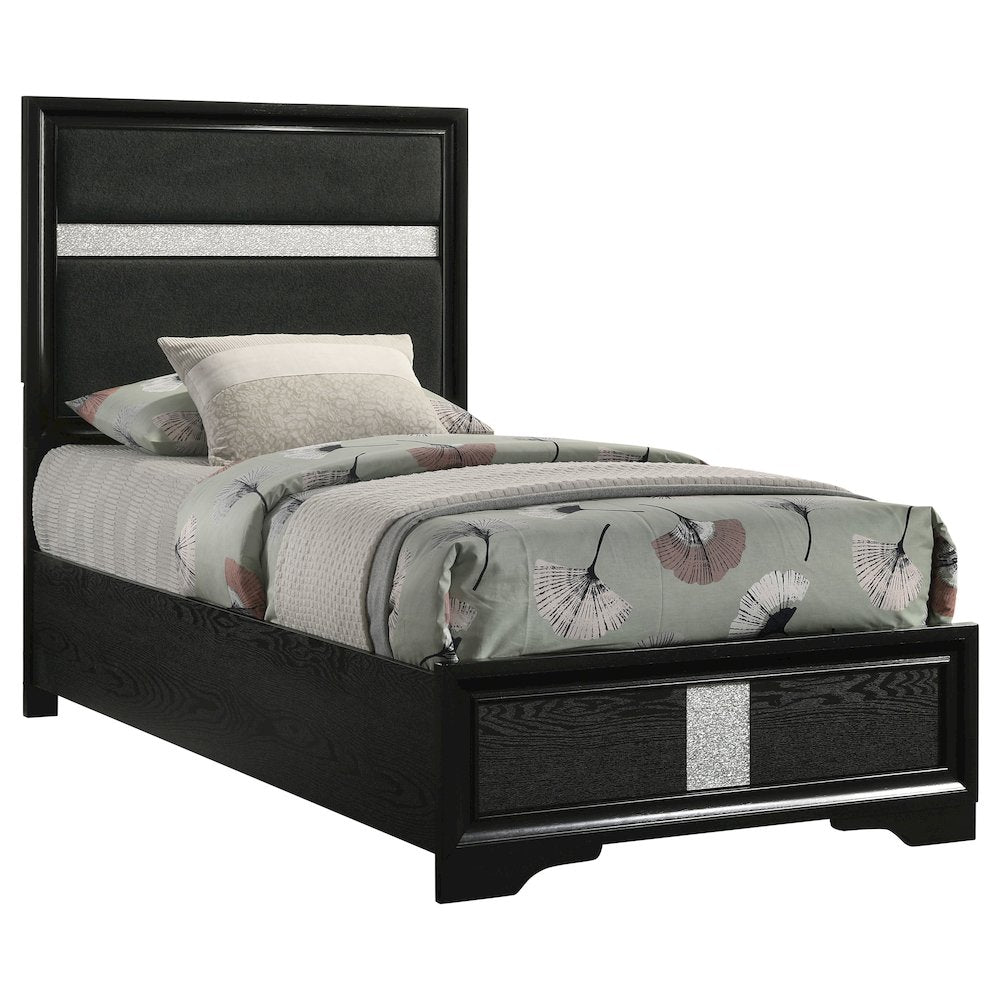 Kasol Miranda Twin Black Upholstered Panel Bed – Foam Cushioned Headboard with Sparkle Trim