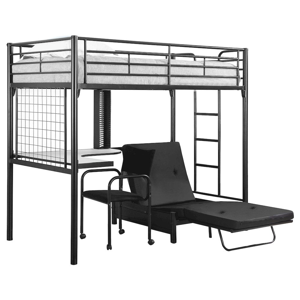 Bernadette Jenner Twin Black Metal Loft Bed – Contemporary Space-Saving Workstation with Futon