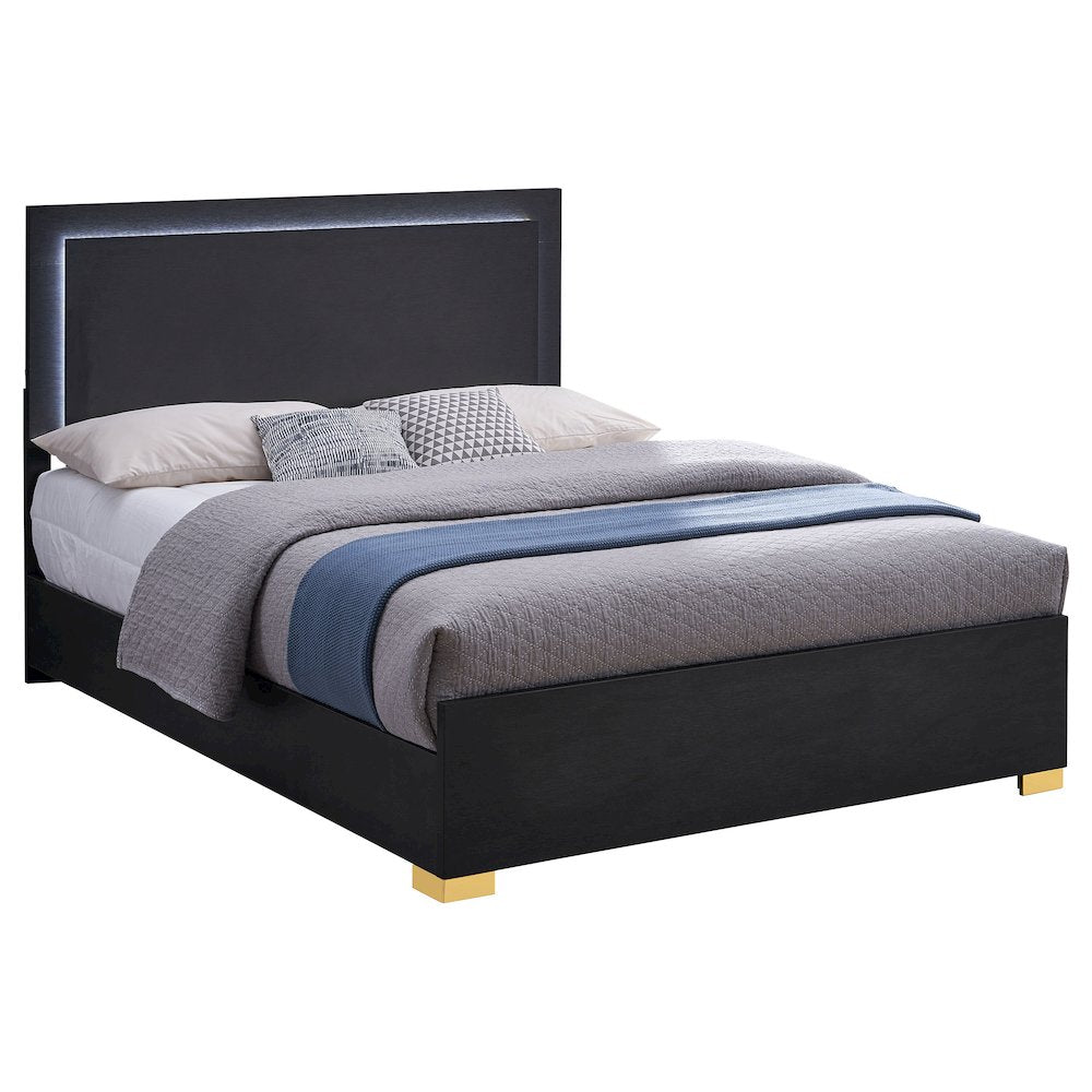 Messi Marceline Queen Black Wood Panel Bed – Contemporary LED Headboard with Touch Controls
