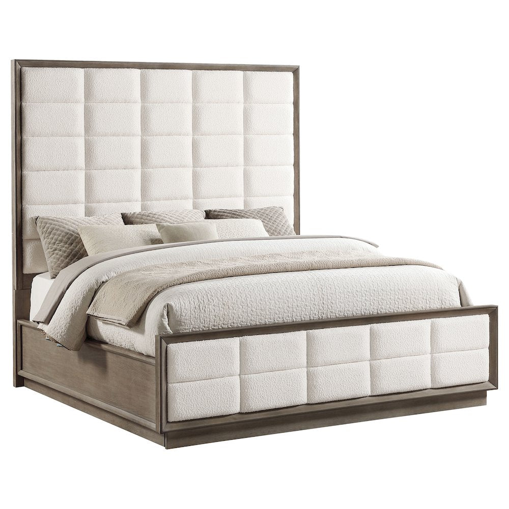 Marit Durango Eastern King Washed Oak Wood Panel Bed – Modern Grid Tufted Upholstered Headboard