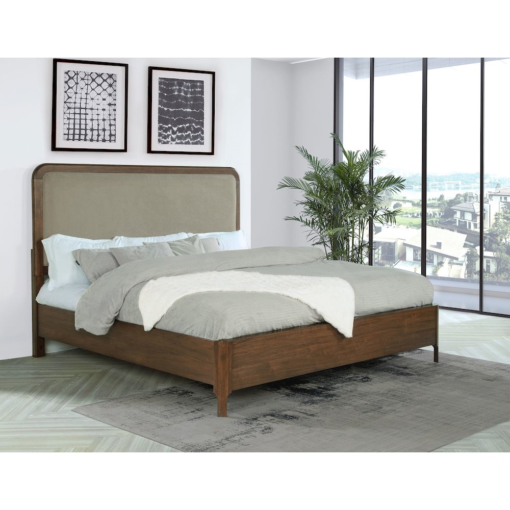 Jony Maderia Eastern King Walnut Veneer Panel Bed – Upholstered Transitional Bed with Low Footboard